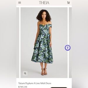 Theia Green Floral Off-Shoulder Midi Dress